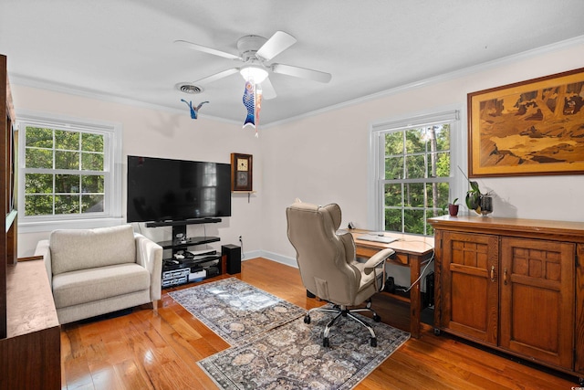 515 River Rd, Conway, SC 29526 - office space with ornamental molding, light wood-style floors, and ceiling fan