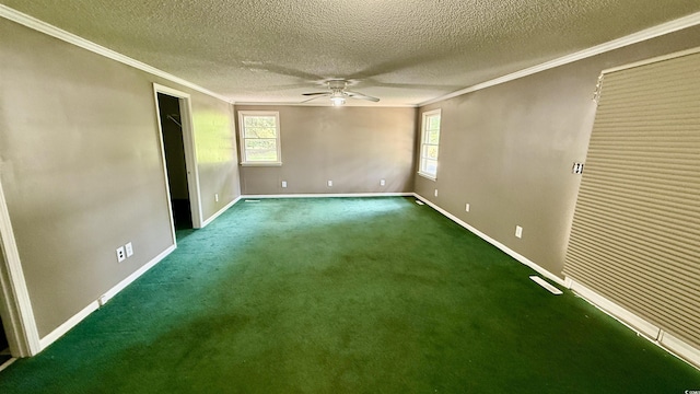 6805 Mclaurin Rd, Mullins, SC 29574 - unfurnished bedroom featuring crown molding, multiple windows, a textured ceiling, carpet, and ceiling fan