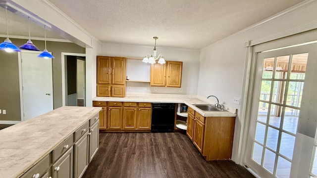 6805 Mclaurin Rd, Mullins, SC 29574 - kitchen with open shelves, dark wood-type flooring, crown molding, a chandelier, and light countertops