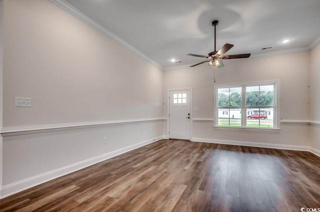 142 Temple Dr, Aynor, SC 29511 - unfurnished living room with ornamental molding, dark wood-type flooring, recessed lighting, ceiling fan, and baseboards