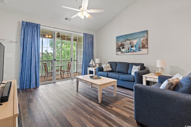 5801 Oyster Catcher Dr Unit 332, North Myrtle Beach, SC 29582 - living room featuring vaulted ceiling, dark wood-style floors, and a ceiling fan