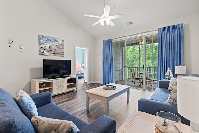 5801 Oyster Catcher Dr Unit 332, North Myrtle Beach, SC 29582 - living room featuring wood finished floors, a ceiling fan, baseboards, and high vaulted ceiling