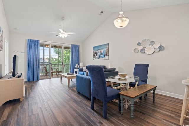 5801 Oyster Catcher Dr Unit 332, North Myrtle Beach, SC 29582 - dining room featuring a ceiling fan, dark wood finished floors, high vaulted ceiling, and baseboards