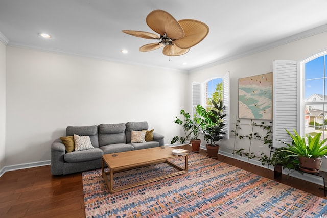861 Murray Ave, Myrtle Beach, SC 29577 - living area featuring wood finished floors, a ceiling fan, baseboards, recessed lighting, and ornamental molding
