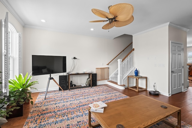 861 Murray Ave, Myrtle Beach, SC 29577 - living room featuring healthy amount of natural light, stairway, ornamental molding, wood finished floors, and a ceiling fan