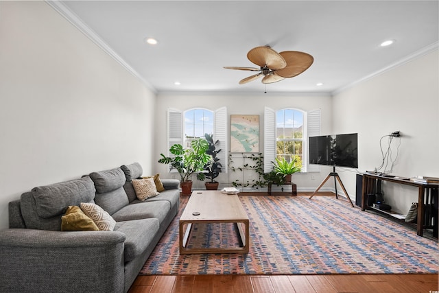 861 Murray Ave, Myrtle Beach, SC 29577 - living room featuring ceiling fan, ornamental molding, wood finished floors, recessed lighting, and baseboards