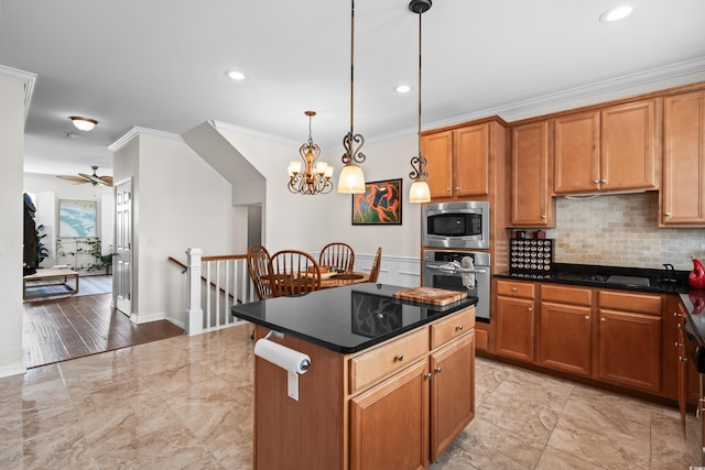 861 Murray Ave, Myrtle Beach, SC 29577 - kitchen featuring stainless steel appliances, crown molding, backsplash, brown cabinetry, and a chandelier