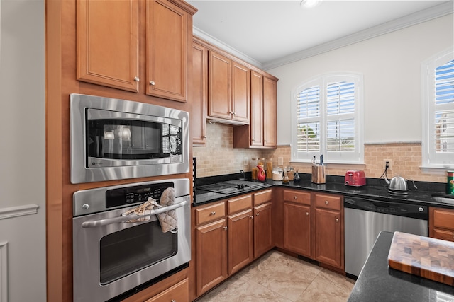 861 Murray Ave, Myrtle Beach, SC 29577 - kitchen with appliances with stainless steel finishes, crown molding, backsplash, and brown cabinetry