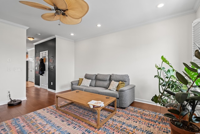 861 Murray Ave, Myrtle Beach, SC 29577 - living area featuring baseboards, hardwood / wood-style floors, recessed lighting, a ceiling fan, and ornamental molding