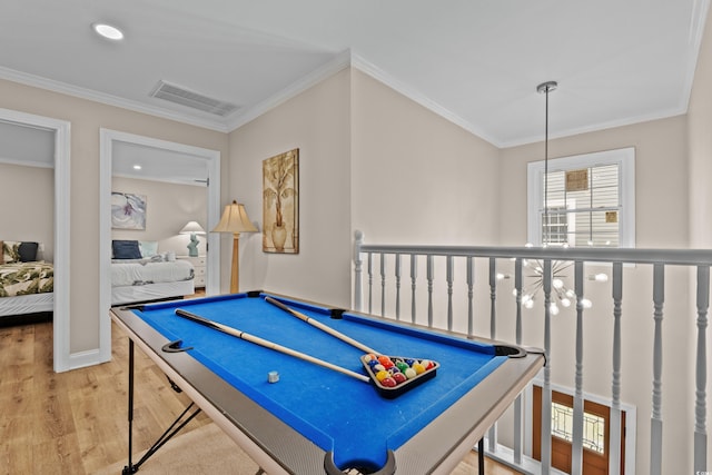 1616 S Ocean Blvd, North Myrtle Beach, SC 29582 - playroom with wood finished floors, crown molding, billiards table, baseboards, and recessed lighting