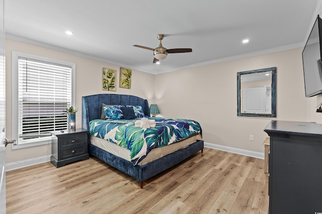 1616 S Ocean Blvd, North Myrtle Beach, SC 29582 - bedroom with baseboards, light wood finished floors, ornamental molding, recessed lighting, and ceiling fan