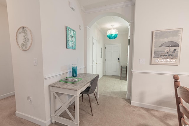 6203 Catalina Dr Unit 1333, North Myrtle Beach, SC 29582 - corridor featuring crown molding, carpet floors, arched walkways, baseboards, and a chandelier