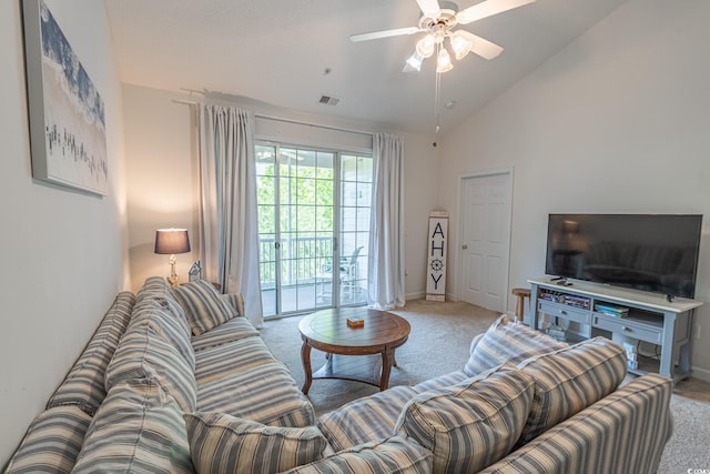 6203 Catalina Dr Unit 1333, North Myrtle Beach, SC 29582 - living area with light carpet, vaulted ceiling, a ceiling fan, and baseboards