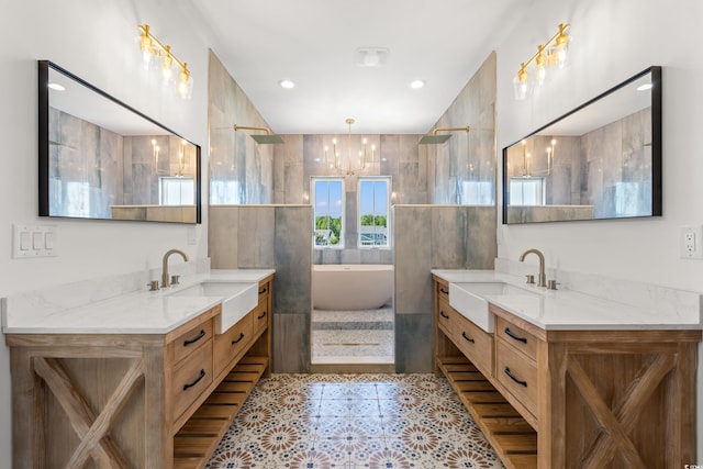 873 Crystal Water Way, Myrtle Beach, SC 29579 - full bath with two vanities, a chandelier, a freestanding tub, tile patterned flooring, and recessed lighting