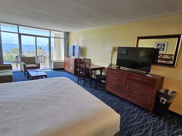 5300 N Ocean Blvd Unit 306, Myrtle Beach, SC 29577 - bedroom featuring dark colored carpet, floor to ceiling windows, ornamental molding, and access to exterior