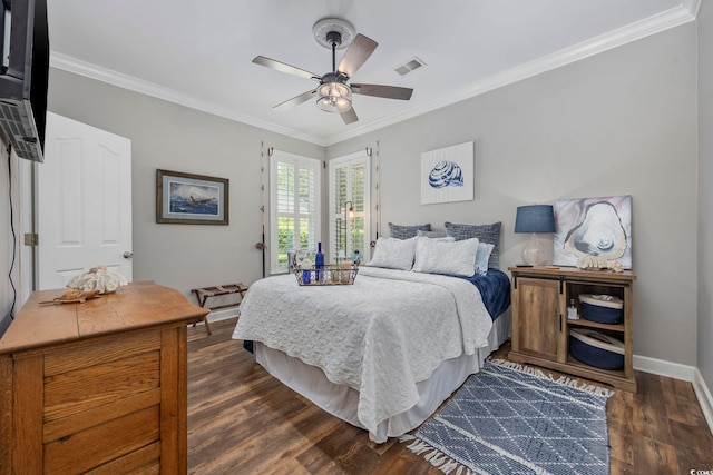 7005 Wellesley Ct, Murrells Inlet, SC 29576 - bedroom featuring ornamental molding, dark wood-style flooring, and ceiling fan