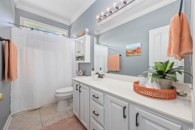 7005 Wellesley Ct, Murrells Inlet, SC 29576 - full bathroom featuring vanity, crown molding, tile patterned floors, and a shower with curtain