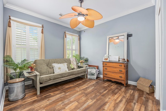 7005 Wellesley Ct, Murrells Inlet, SC 29576 - living area featuring a ceiling fan, wood finished floors, and crown molding