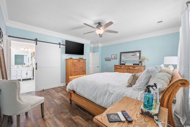 7005 Wellesley Ct, Murrells Inlet, SC 29576 - bedroom with wood finished floors, crown molding, a barn door, a ceiling fan, and ensuite bath