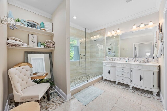 7005 Wellesley Ct, Murrells Inlet, SC 29576 - bathroom with ornamental molding, double vanity, a stall shower, tile patterned floors, and recessed lighting