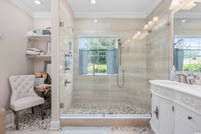 7005 Wellesley Ct, Murrells Inlet, SC 29576 - bathroom featuring vanity, a shower stall, plenty of natural light, crown molding, and recessed lighting