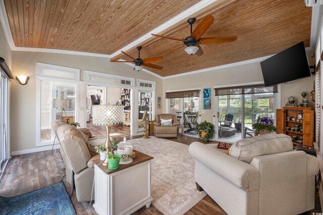 7005 Wellesley Ct, Murrells Inlet, SC 29576 - living area with wooden ceiling, a ceiling fan, lofted ceiling, wood finished floors, and crown molding