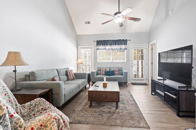 1102 Stanton Pl Unit 1102, Myrtle Beach, SC 29579 - living area featuring ceiling fan, high vaulted ceiling, and wood finished floors