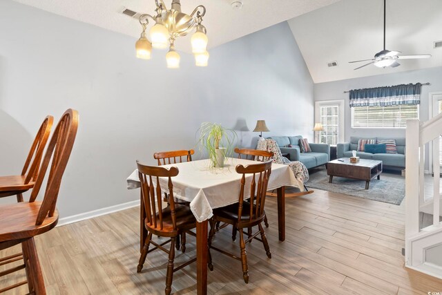 1102 Stanton Pl Unit 1102, Myrtle Beach, SC 29579 - dining room with light wood-type flooring, a chandelier, high vaulted ceiling, a ceiling fan, and baseboards