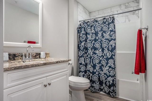 4853 Meadowsweet Dr Unit 1805, Myrtle Beach, SC 29579 - full bathroom with vanity, wood finished floors, toilet, and shower / bathtub combination with curtain