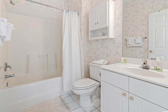 5750 Oyster Catcher Dr Unit 822, North Myrtle Beach, SC 29582 - full bathroom with wallpapered walls, vanity, tile patterned floors, and shower / bath combo