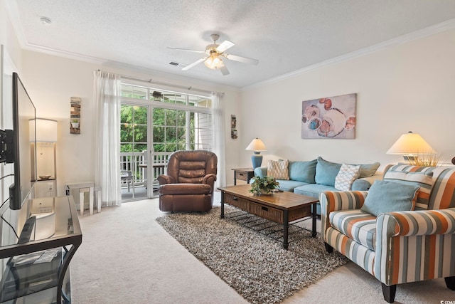 5750 Oyster Catcher Dr Unit 822, North Myrtle Beach, SC 29582 - living room featuring carpet flooring, ornamental molding, a ceiling fan, and a textured ceiling