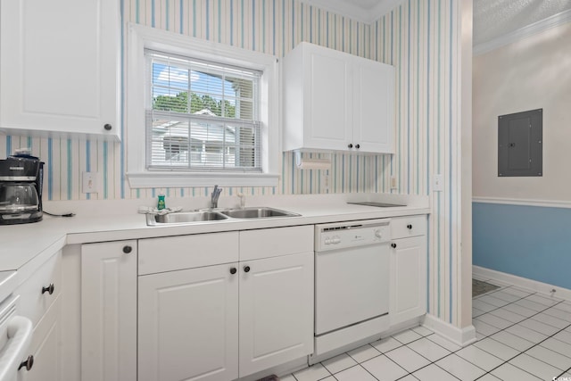 5750 Oyster Catcher Dr Unit 822, North Myrtle Beach, SC 29582 - kitchen featuring white dishwasher, electric panel, wallpapered walls, crown molding, and white cabinetry