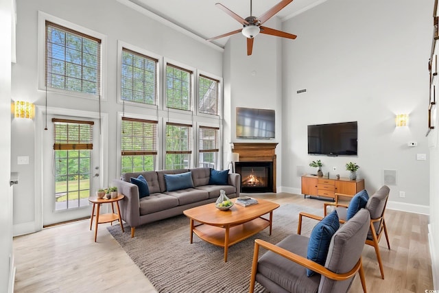 528 Chamberlin Rd, Myrtle Beach, SC 29588 - living area with a high ceiling, a glass covered fireplace, healthy amount of natural light, light wood-style floors, and ornamental molding