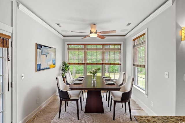 528 Chamberlin Rd, Myrtle Beach, SC 29588 - dining space featuring baseboards, a ceiling fan, crown molding, and carpet floors