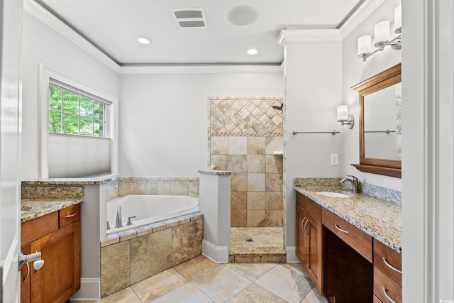 528 Chamberlin Rd, Myrtle Beach, SC 29588 - bathroom with a garden tub, vanity, ornamental molding, a walk in shower, and tile patterned flooring