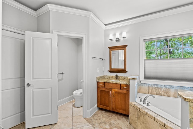 528 Chamberlin Rd, Myrtle Beach, SC 29588 - bathroom featuring vanity, a bath, crown molding, toilet, and tile patterned floors