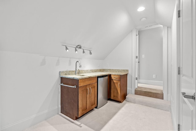 528 Chamberlin Rd, Myrtle Beach, SC 29588 - indoor wet bar with vaulted ceiling, light colored carpet, refrigerator, baseboards, and recessed lighting