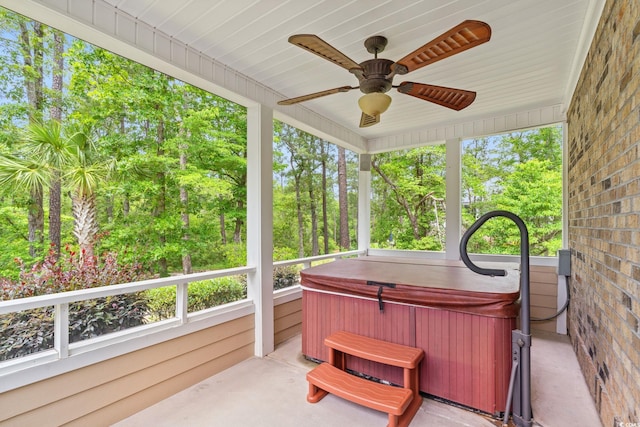 528 Chamberlin Rd, Myrtle Beach, SC 29588 - sunroom featuring a hot tub, ceiling fan, and healthy amount of natural light