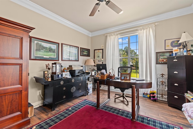 4826 Keel Ct, Myrtle Beach, SC 29579 - office area with crown molding, ceiling fan, and wood finished floors