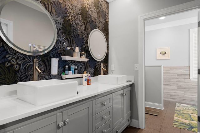 4826 Keel Ct, Myrtle Beach, SC 29579 - bathroom with double vanity and wallpapered walls