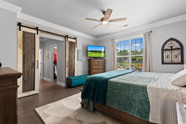 4826 Keel Ct, Myrtle Beach, SC 29579 - bedroom featuring a barn door, ornamental molding, and ceiling fan