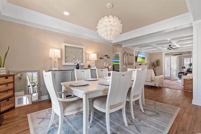 4826 Keel Ct, Myrtle Beach, SC 29579 - dining space featuring coffered ceiling, plenty of natural light, recessed lighting, wood-type flooring, and a ceiling fan