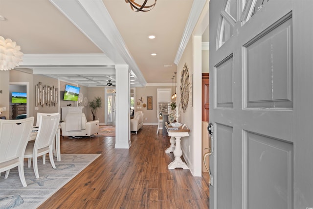 4826 Keel Ct, Myrtle Beach, SC 29579 - entrance foyer featuring crown molding, recessed lighting, ceiling fan, and dark wood-style floors
