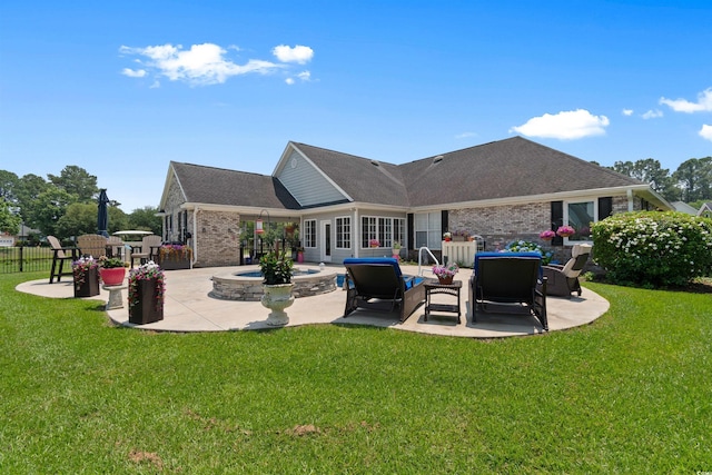 4826 Keel Ct, Myrtle Beach, SC 29579 - rear view of house featuring a patio area, an outdoor living space, brick siding, and a shingled roof