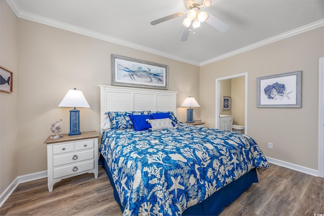 2405 Duffy St, North Myrtle Beach, SC 29582 - bedroom with wood finished floors, crown molding, ensuite bath, and a ceiling fan
