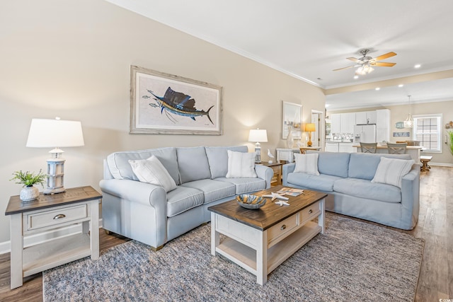 2405 Duffy St, North Myrtle Beach, SC 29582 - living room featuring wood finished floors, ceiling fan, crown molding, and recessed lighting