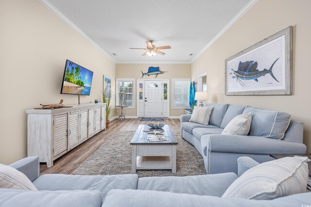 2405 Duffy St, North Myrtle Beach, SC 29582 - living area featuring ornamental molding, ceiling fan, and wood finished floors