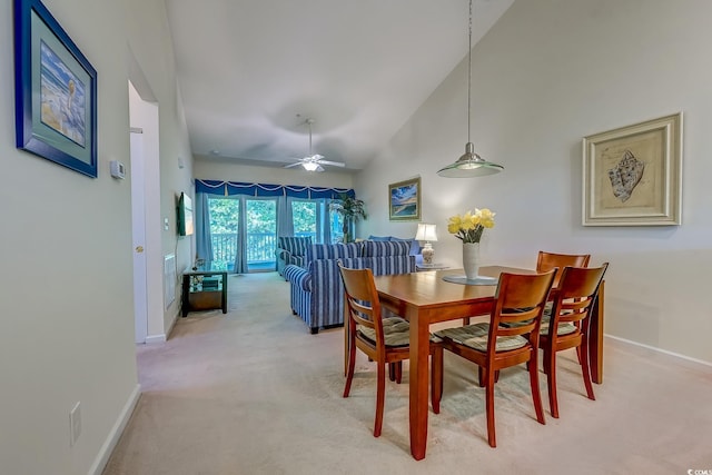 601 N Hillside Dr Unit 4434, North Myrtle Beach, SC 29582 - dining room featuring light colored carpet, high vaulted ceiling, and a ceiling fan