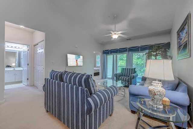 601 N Hillside Dr Unit 4434, North Myrtle Beach, SC 29582 - living room featuring light carpet, ceiling fan, and lofted ceiling