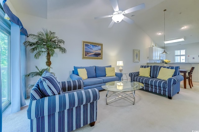 601 N Hillside Dr Unit 4434, North Myrtle Beach, SC 29582 - living room featuring light carpet, a ceiling fan, lofted ceiling, and recessed lighting